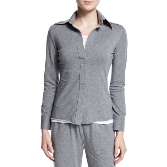 NORMA KAMALI Heather Grey Jersey Knit Long Sleeve Collared V-Neck Slim Top XS - Picture 1 of 5